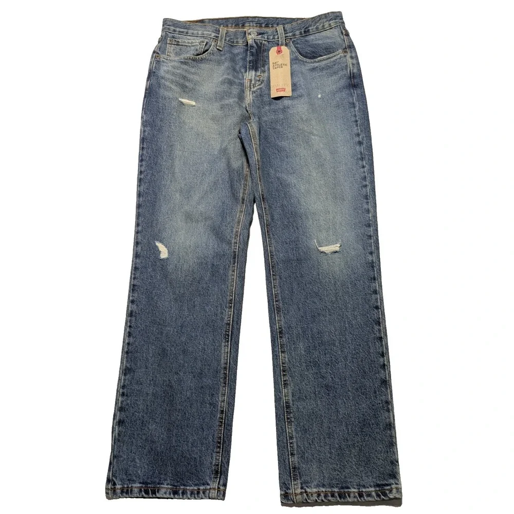 LEVIS 541 ATHLETIC TAPER Men 32X30 Blue Distressed Stretch Blend Denim Jeans NEW